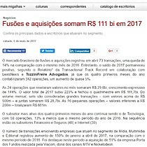 Fuses e aquisies somam R$ 111 bi em 2017